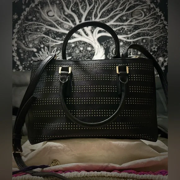 Vintage Tory Burch tote bag crossbody purse Black Satchel with Gold Accents - Picture 14 of 17